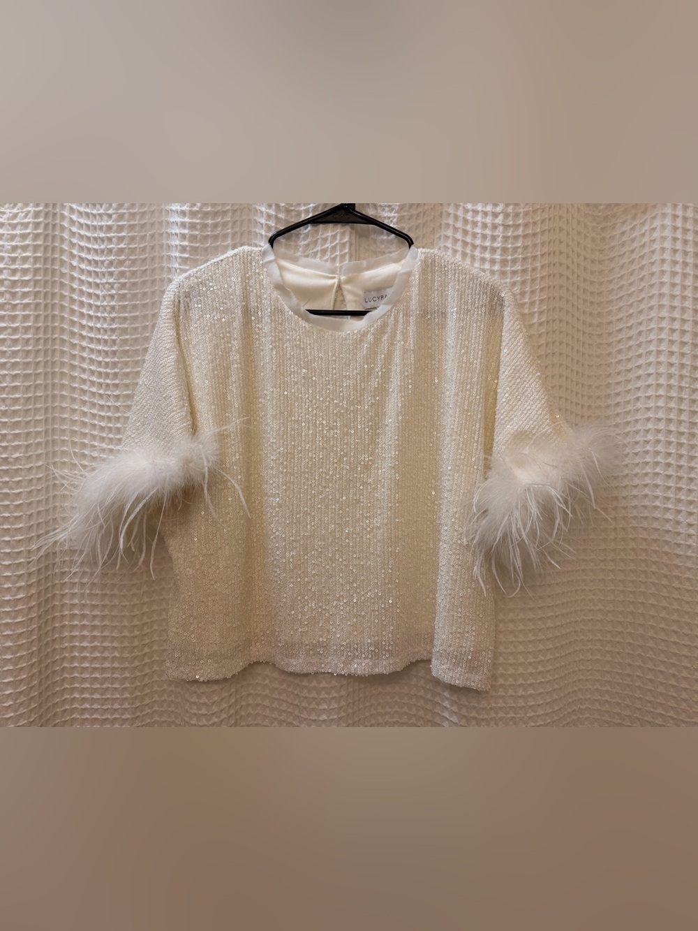 Lucy Paris Ivory Sequin Top with Feather Trim Sleeves